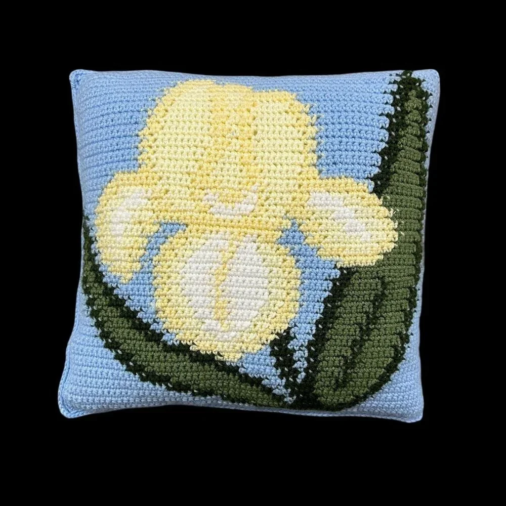 Crocheted Throw Pillow Yellow Iris Flower Baby Blue Handmade Cottage Farmhouse